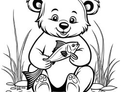 Animated Bear Cub Holding Fish Coloring Page