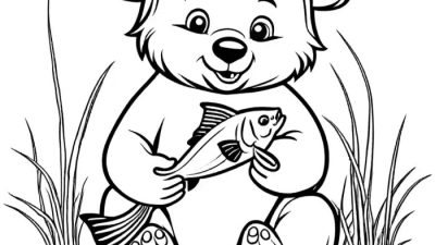 Animated Bear Cub Holding Fish Coloring Page