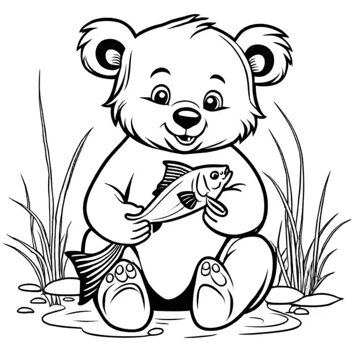 Animated bear cub holding fish coloring page