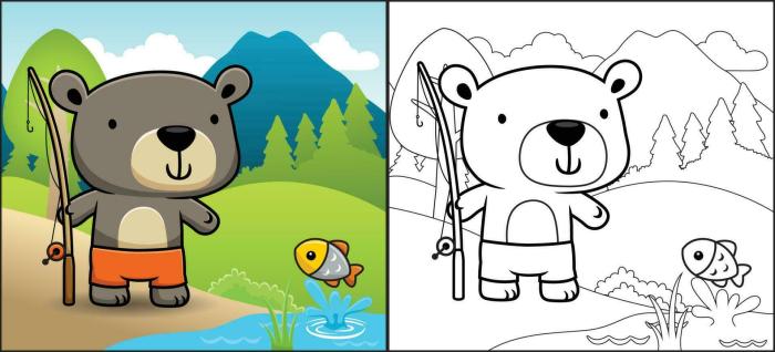 Animated bear cub holding fish coloring page