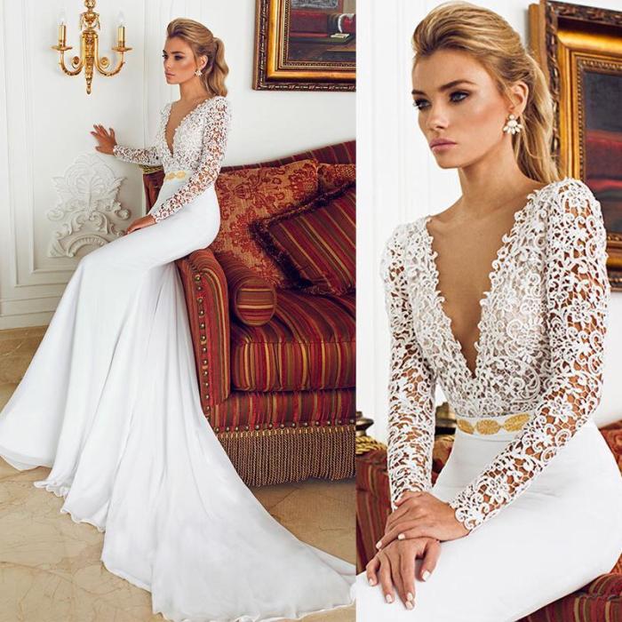 Lace mermaid wedding dress with long sleeves